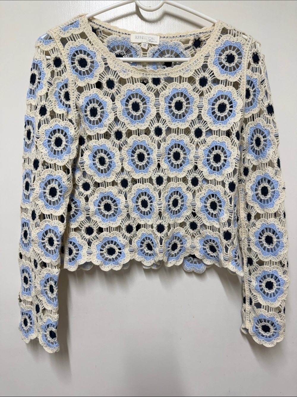Rebellion Crochet Floral Openwork Sweater - Cream & Light Blue